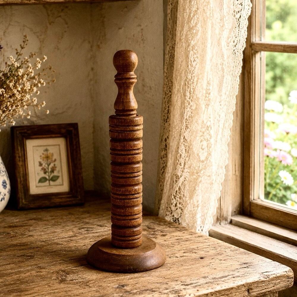 Vtg. Turned Wood Set Of 6 Napkin Rings and Spindle Holder Rustic Cottagecore Eco